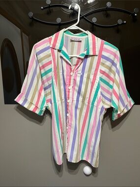 Vintage Cabrais Colorful Striped Button-Up Blouse - Pastel Stripes